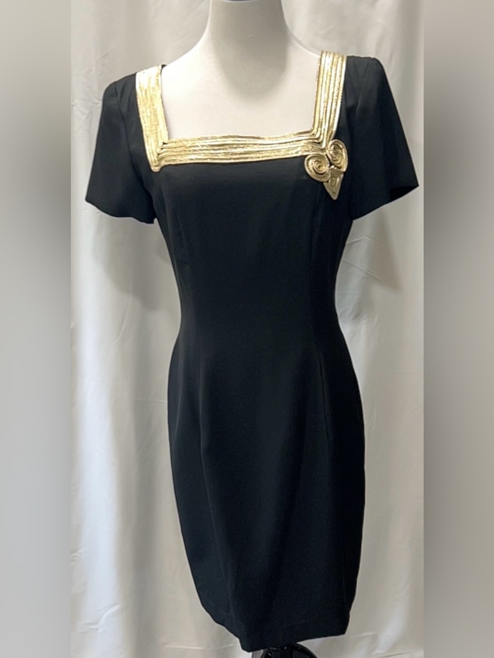 ExpoNite Vintage Black Gold Trim Cocktail Dress Short Sleeve Square Neck Sz 5